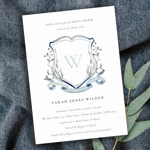 Blue Wildflower Monogram Crest Bridal Shower Invitation