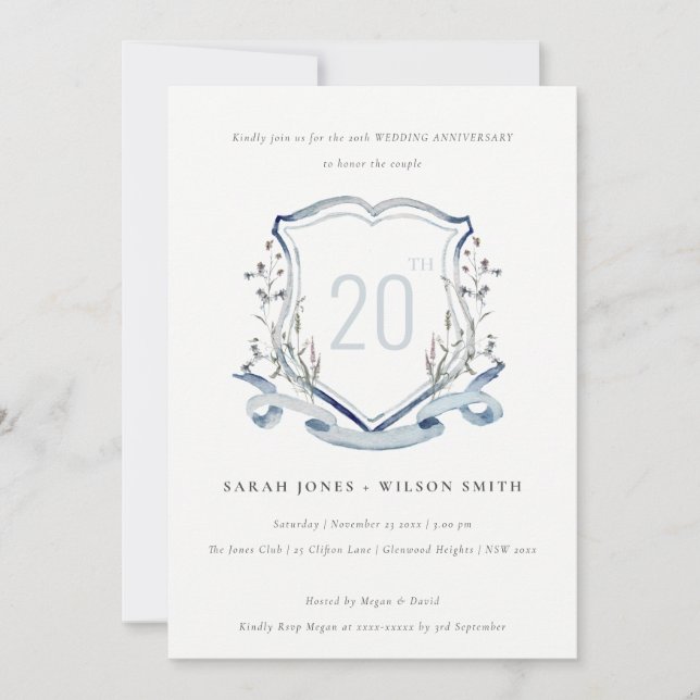 Blue Wildflower Monogram Crest Wedding Anniversary Invitation (Front)