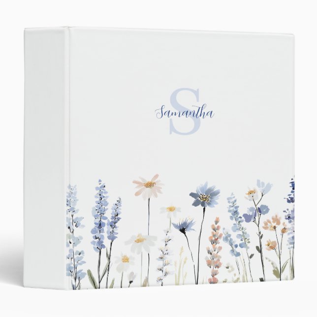Blue Wildflower Monogram Name  3 Ring Binder (Front/Spine)