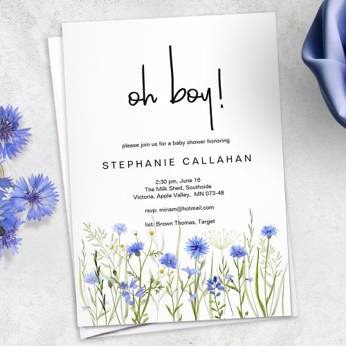 Blue wildflower oh boy baby shower invitation