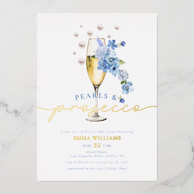 Blue Wildflower Pearls & Prosecco Bridal Shower Foil Invitation (Front)
