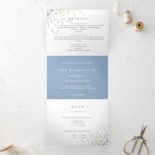Blue Wildflower Periwinkle Wedding All In On Tri-Fold Invitation