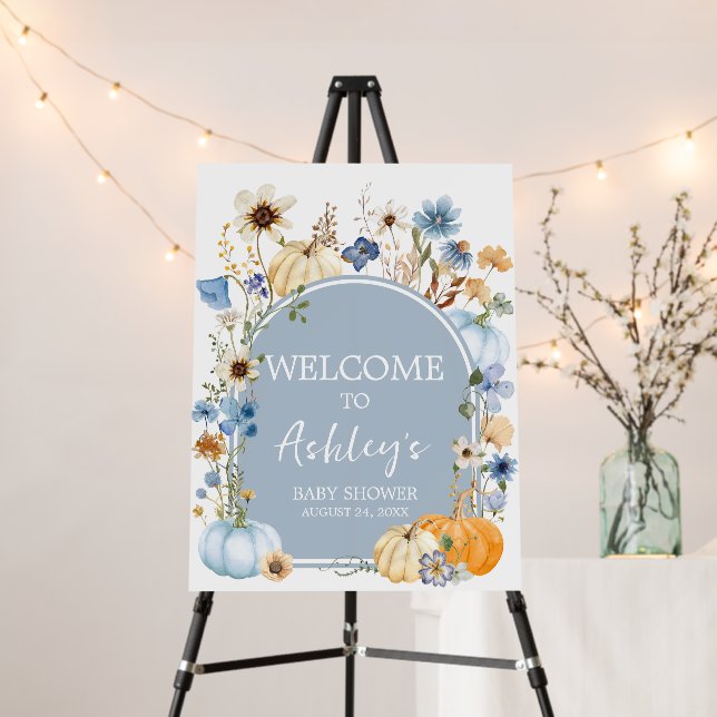 Blue Wildflower Pumpkin Baby Shower Welcome Sign (In Situ (Stand))