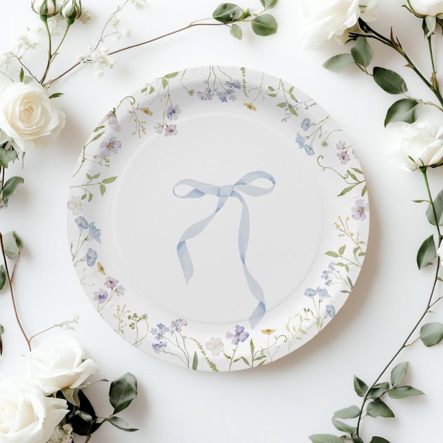 Blue Wildflower ribbon Bow baby shower Paper Plates (Creator Uploaded)