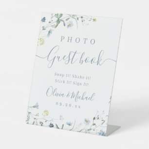 Blue Wildflower rustic Wedding Photo Guest Book Pedestal Sign