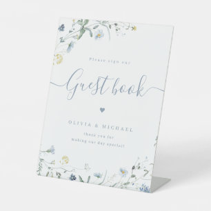 Blue Wildflower script rustic Wedding Guest Book Pedestal Sign