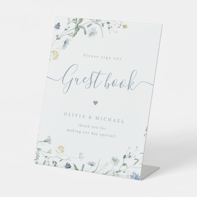 Blue Wildflower script rustic Wedding Guest Book Pedestal Sign (Front)