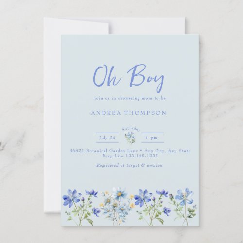 Blue Wildflower  Watercolor Baby Boy Shower Invitation