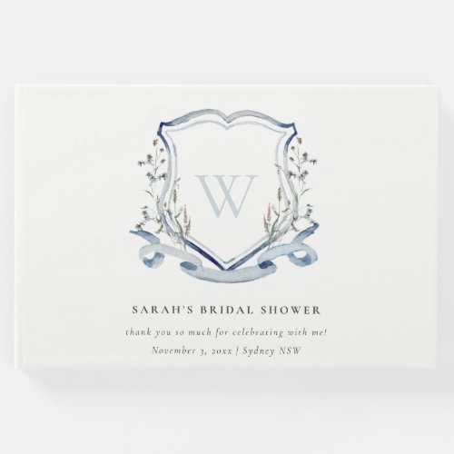 Blue Wildflower Watercolor Crest Bridal Shower Guest Book