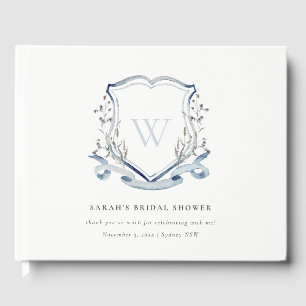 Blue Wildflower Watercolor Crest Bridal Shower Guest Book