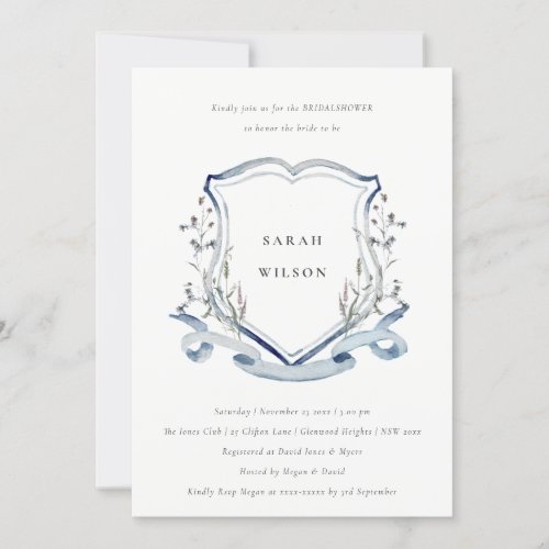 Blue Wildflower Watercolor Crest Bridal Shower Invitation