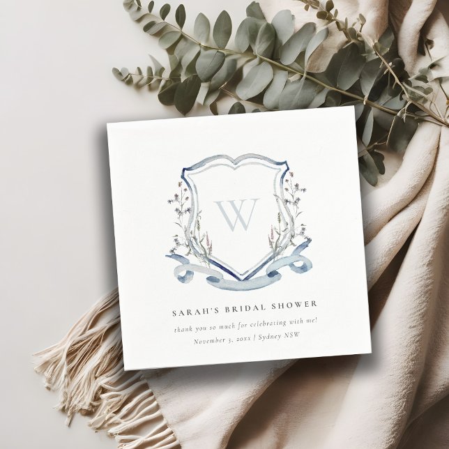 Blue Wildflower Watercolor Crest Bridal Shower Napkins (Creator Uploaded)