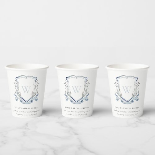 Blue Wildflower Watercolor Crest Bridal Shower Paper Cups