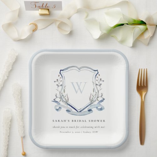 Blue Wildflower Watercolor Crest Bridal Shower Paper Plates