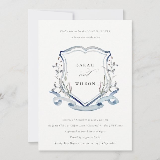 Blue Wildflower Watercolor Crest Couples Shower Invitation (Front)