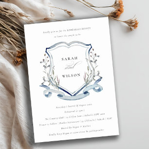 Blue Wildflower Watercolor Crest Rehearsal Dinner Invitation
