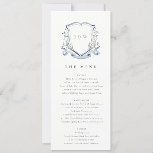 Blue Wildflower Watercolor Crest Wedding Menu Card