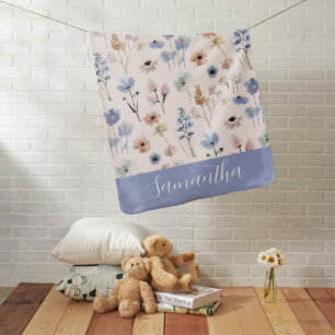 Blue Wildflower Watercolor Custom Name Baby Blanket