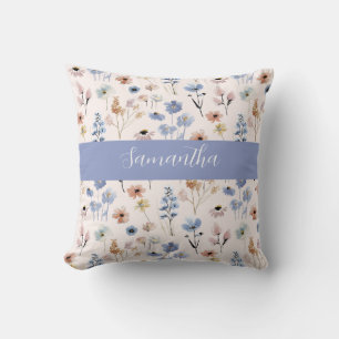 Blue Wildflower Watercolor Custom Name Throw Pillow