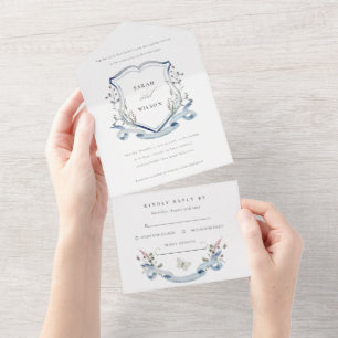 Blue Wildflower Watercolor Monogram Crest Wedding All In One Invitation