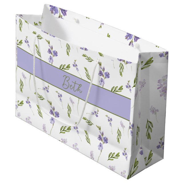 Blue Wildflower Watercolor Monogram Name  Large Gift Bag (Front Angled)
