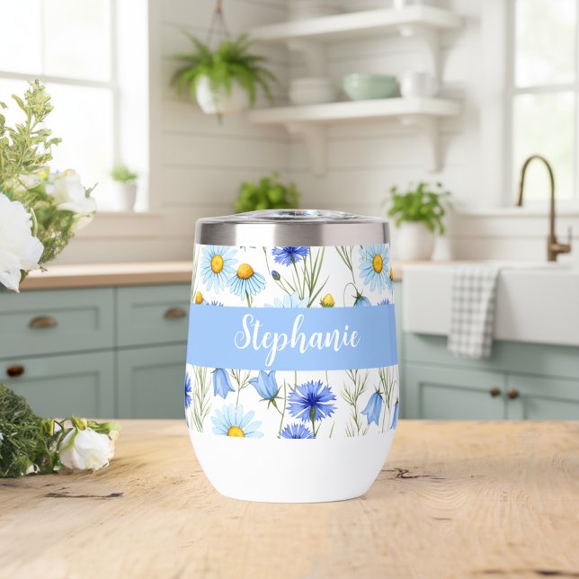 Blue Wildflower Watercolor Monogram Name Thermal Wine Tumbler (Creator Uploaded)