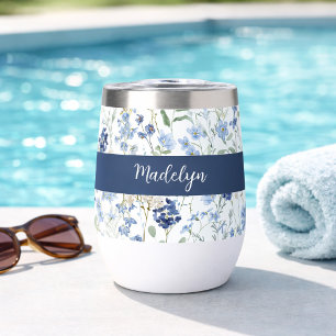 Blue Wildflower Watercolor Monogram Name Thermal Wine Tumbler