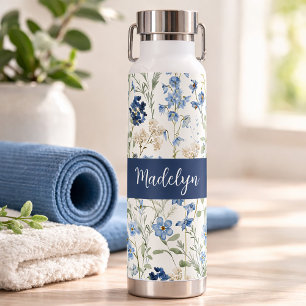 Blue Wildflower Watercolor Monogram Name Water Bottle