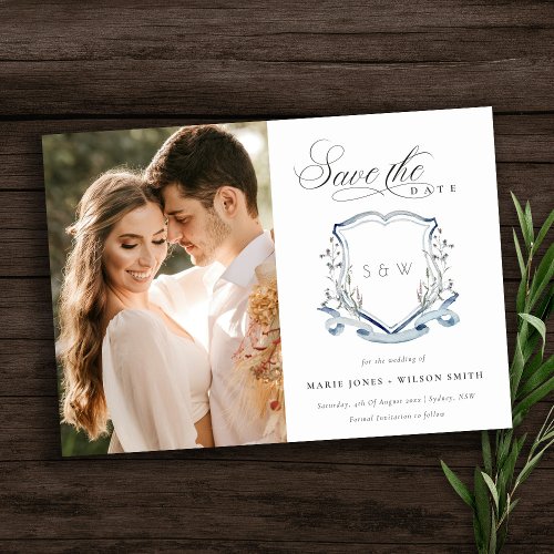 Blue Wildflower Watercolor Monogram Photo Crest Save The Date