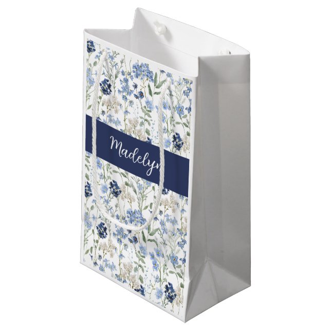 Blue Wildflower Watercolor Monogram Small Gift Bag (Front Angled)