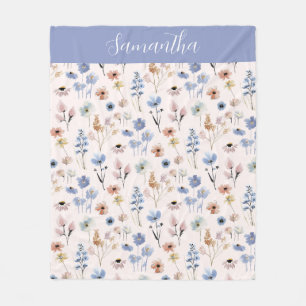 Blue Wildflower Watercolor Name  Fleece Blanket