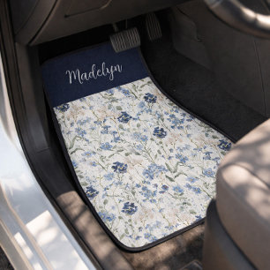 Blue Wildflower Watercolor Name Monogram Car Floor Mat