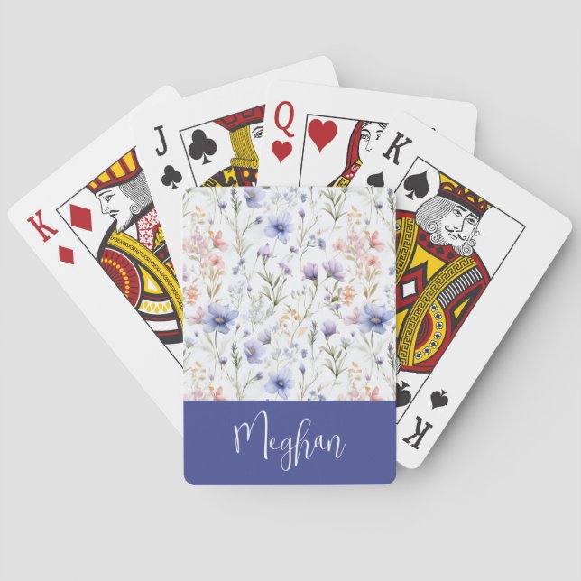 Blue Wildflower Watercolor Name Monogram Poker Cards (Back)