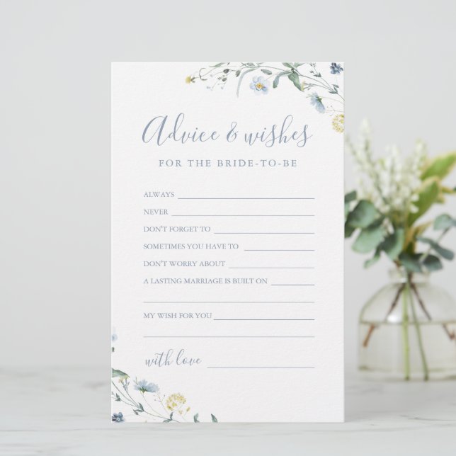 Blue Wildflower wedding advice & wishes card (Standing Front)