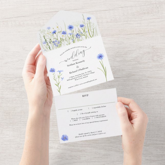 Blue wildflower Wedding Eco Paper Saving  All In One Invitation (Tearaway)