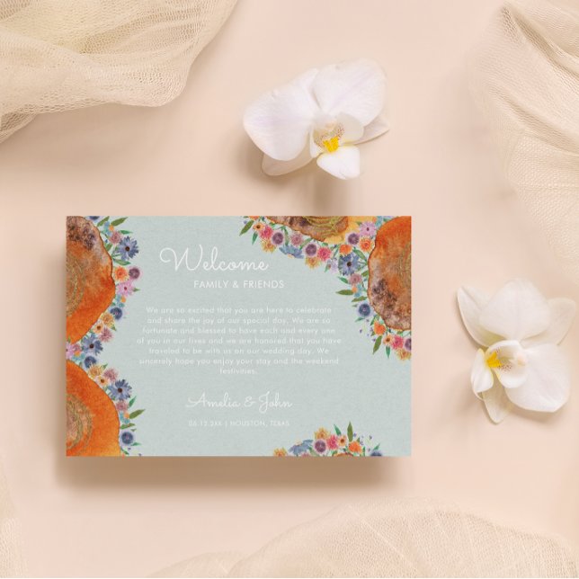 Blue Wildflower Wedding Welcome Gift Bag Basket Place Card (Front)