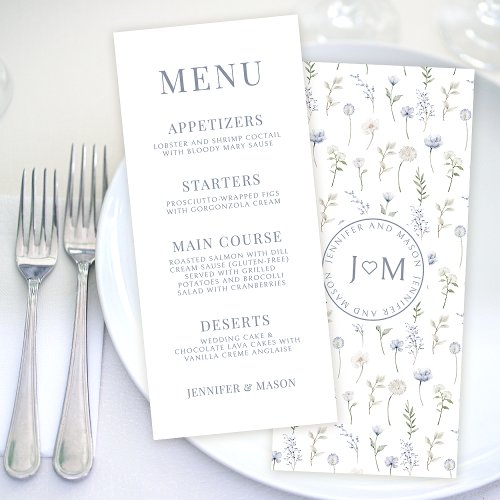 Blue wildflower whimsical wedding menu cards