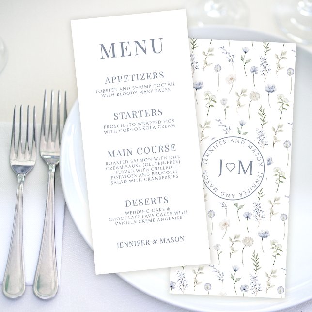 Blue wildflower whimsical wedding menu cards (Creator Uploaded)