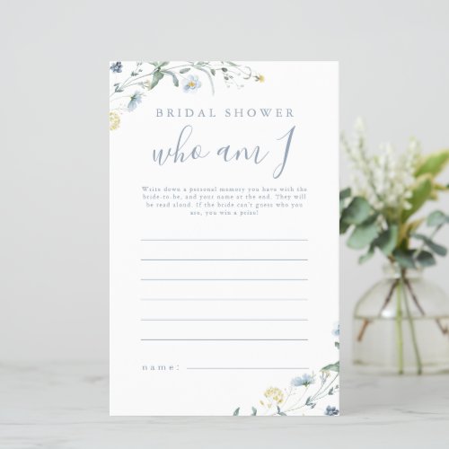 Blue Wildflower who am I bridal shower game