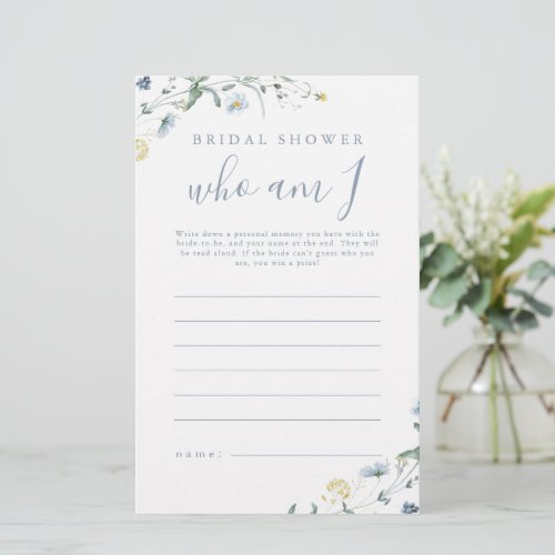 Blue Wildflower who am I bridal shower game
