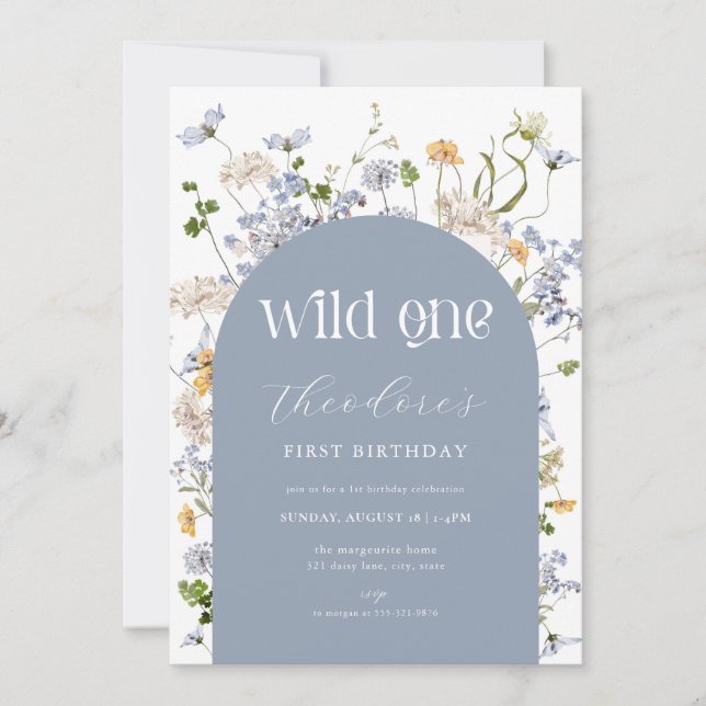 Blue Wildflower Wild One 1st Birthday Invitation (Front)