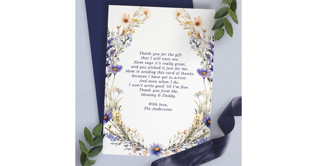 Blue Wildflower Wreath Baby Shower Thank You Card | Zazzle