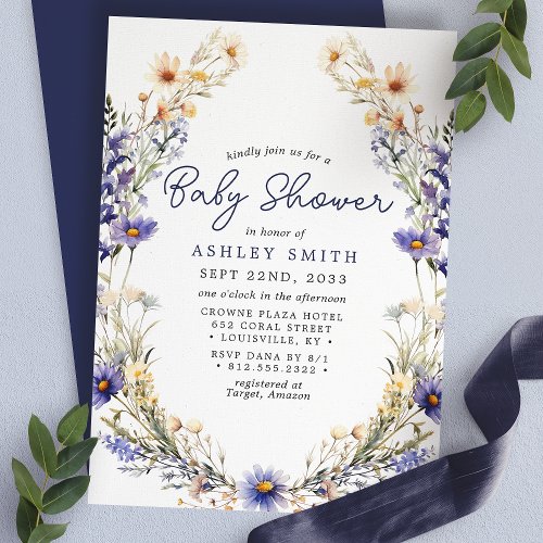 Blue Wildflower Wreath Watercolor Baby Shower Invitation