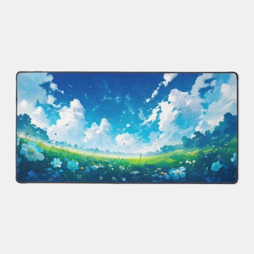 Blue Wildflowers and Meadow under Blue Sky Desk Mat