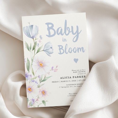 Blue wildflowers baby in bloom boy baby shower invitation