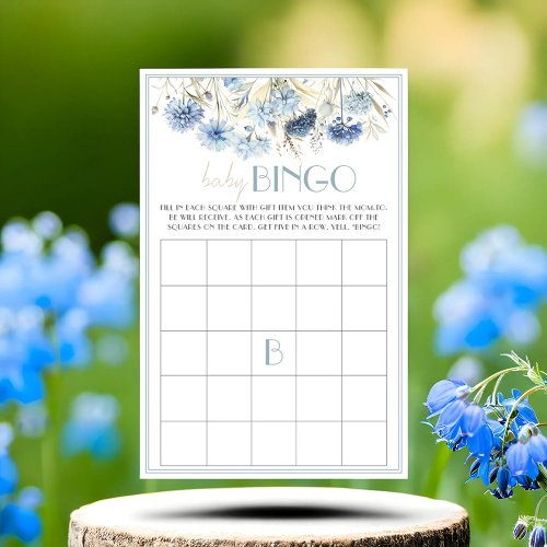 Blue Wildflowers Baby Shower Bingo Game Card