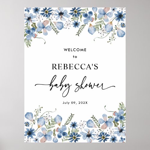 Blue Wildflowers Baby Shower Welcome Sign Posters