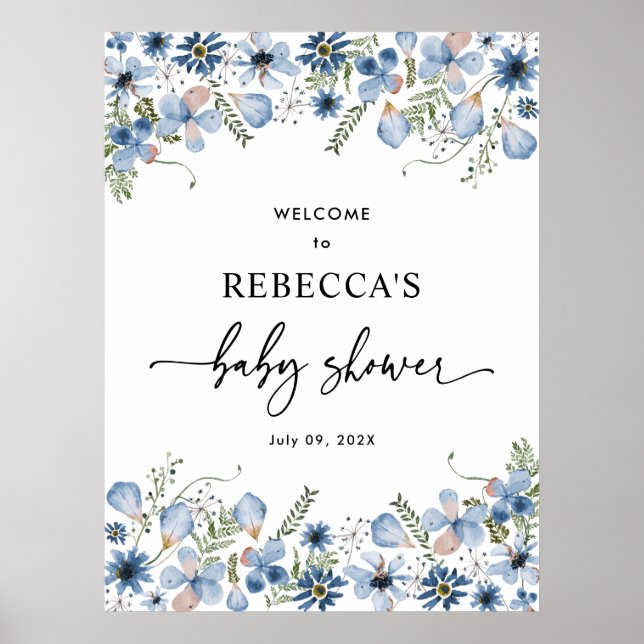 Blue Wildflowers Baby Shower Welcome Sign Posters (Front)