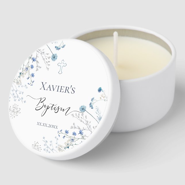 blue wildflowers Baptism Mini Candle Favors (Corner)