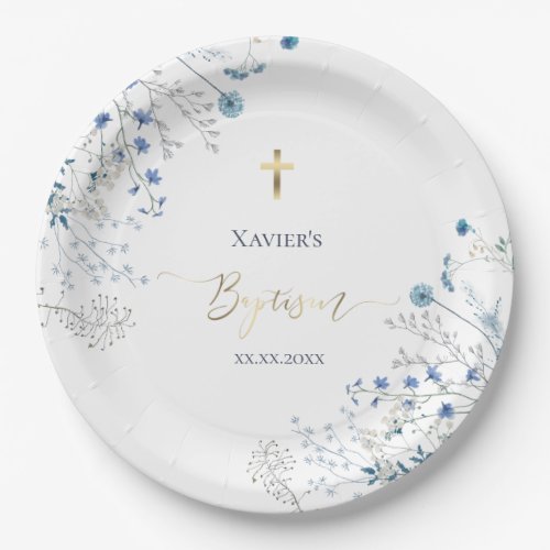 blue wildflowers Baptism Paper Plates